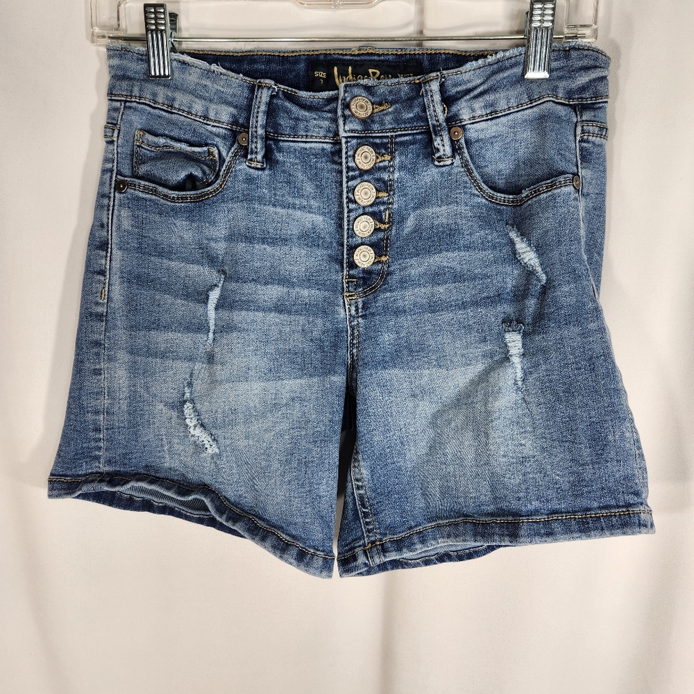 Indigo Rein Button Fly 5 Pocket Distressed Blue Denim Jean Shorts Sz 7 Waist 27